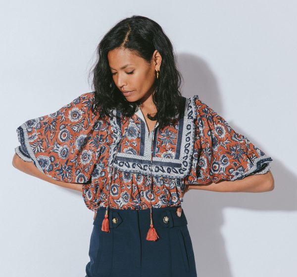 Sienna block print tie neck