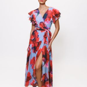 Blue/red floral wrap maxi