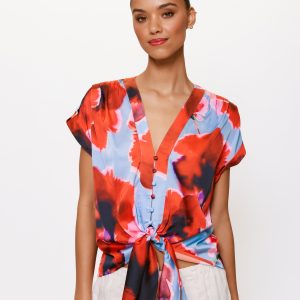 Blue/red floral v neck tie top