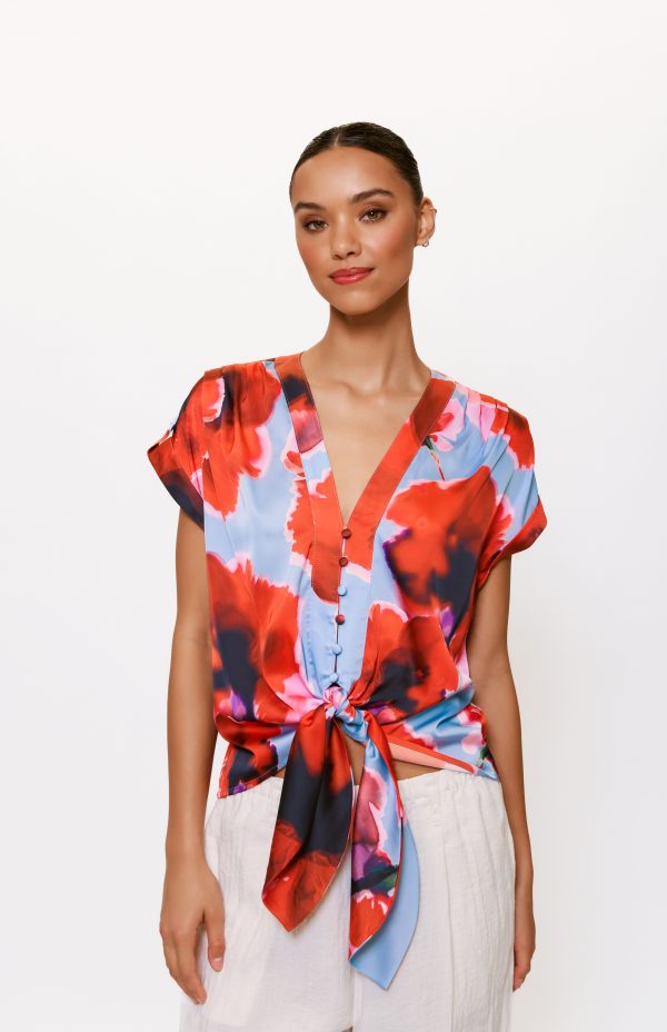 Blue/red floral v neck tie top
