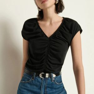 Nation Dona Black V Neck Shirred Top