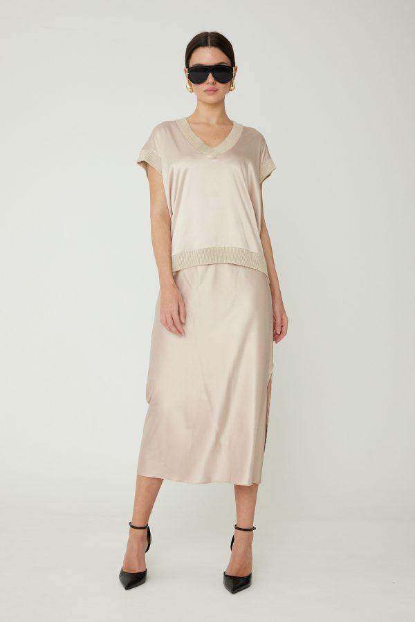 Js71 Wendy Beige Satin Two Piece Set