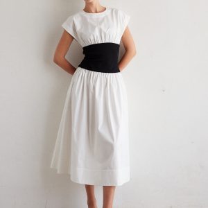 JS71 Alix White Poplin With Black Waist Dress