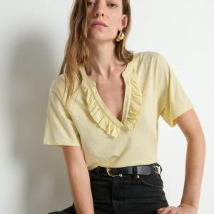 Nation Custard Ruffle V Neck Top