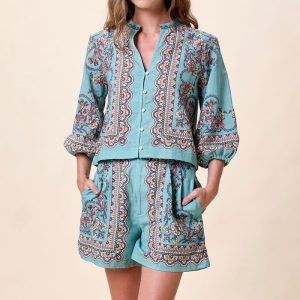 Cleobella Aqua Noelle Border Print Top