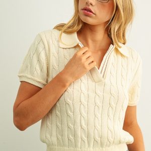 Beige Polo Cable Knit Sweater