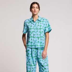 Marine Blue Green Abstract Button Up
