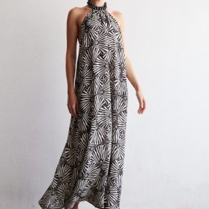 JS71 Alejandra Black White Geo Halter Dress