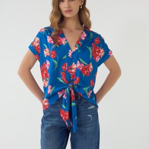 Hutch Blue And Red Floral Tie Front Top