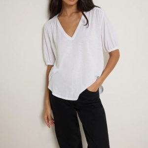 Nation Edie White Shirred Shoulder Tee