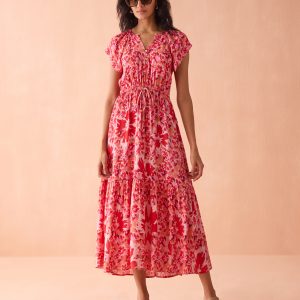 Omika Cora Pink And Red Floral Midi