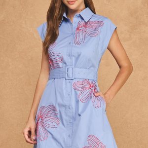 ChambrayAnd Red Embroidered Dress