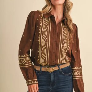 Brown And Mustard Embroidered Top