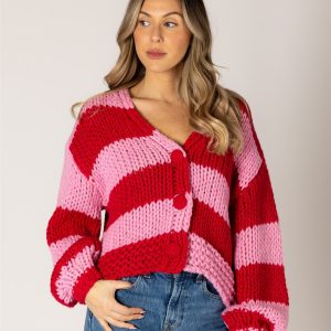 Pink And Red Stripe Cardigan