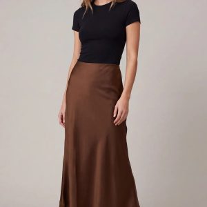 Toffee Satin Skirt With Lace Trim